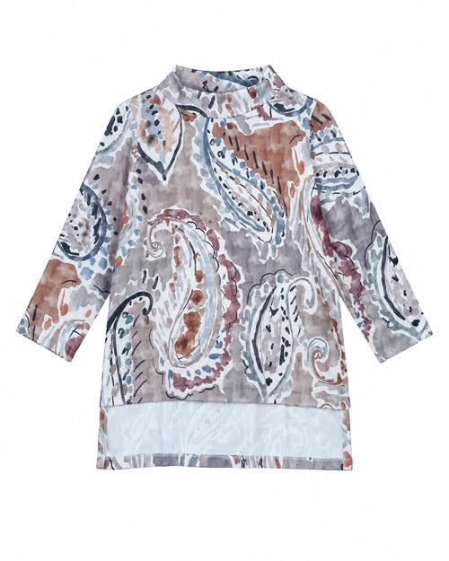 Jersey Mara de manga larga estampado abstracto, cuello alto, color topo y tonos azul