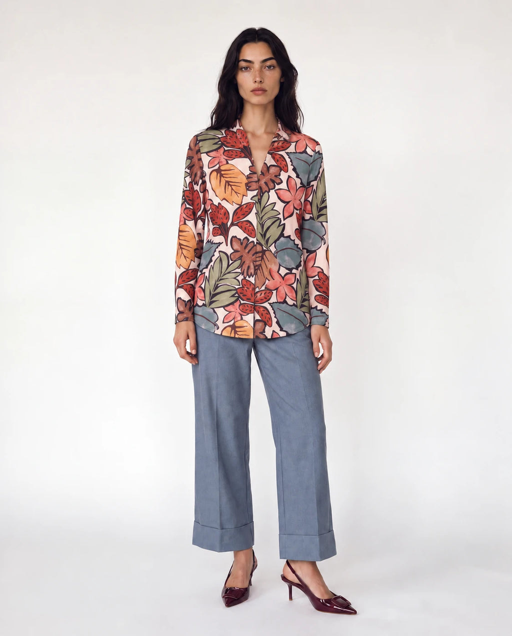 Blusa de jersey estampada floral multicolor, manga larga y cuello camisero