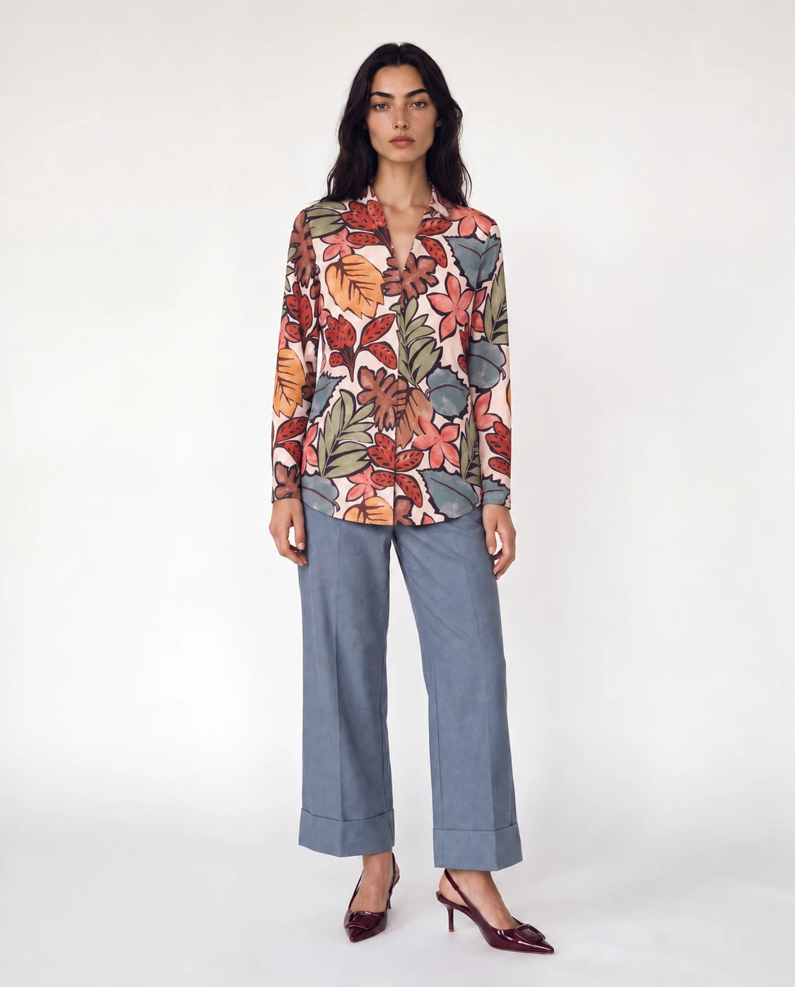 Blusa de jersey estampada floral multicolor, manga larga y cuello camisero