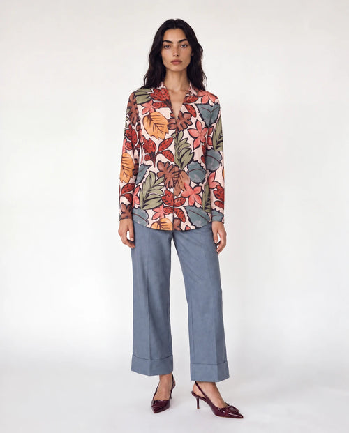 Blusa de jersey estampada floral multicolor, manga larga y cuello camisero