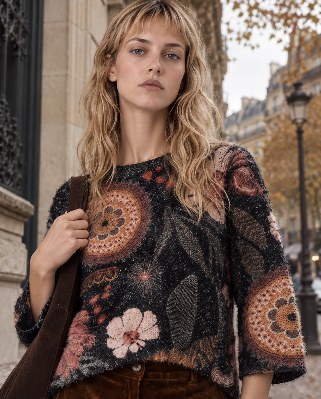 Jersey negro de manga tres cuartos con estampado floral y mandalas en tonos cálidos