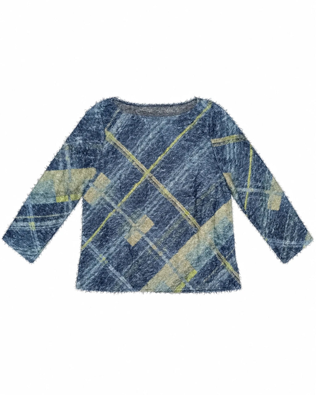 Jersey de punto azul marino con rombos grandes multicolor y líneas amarillas, manga larga