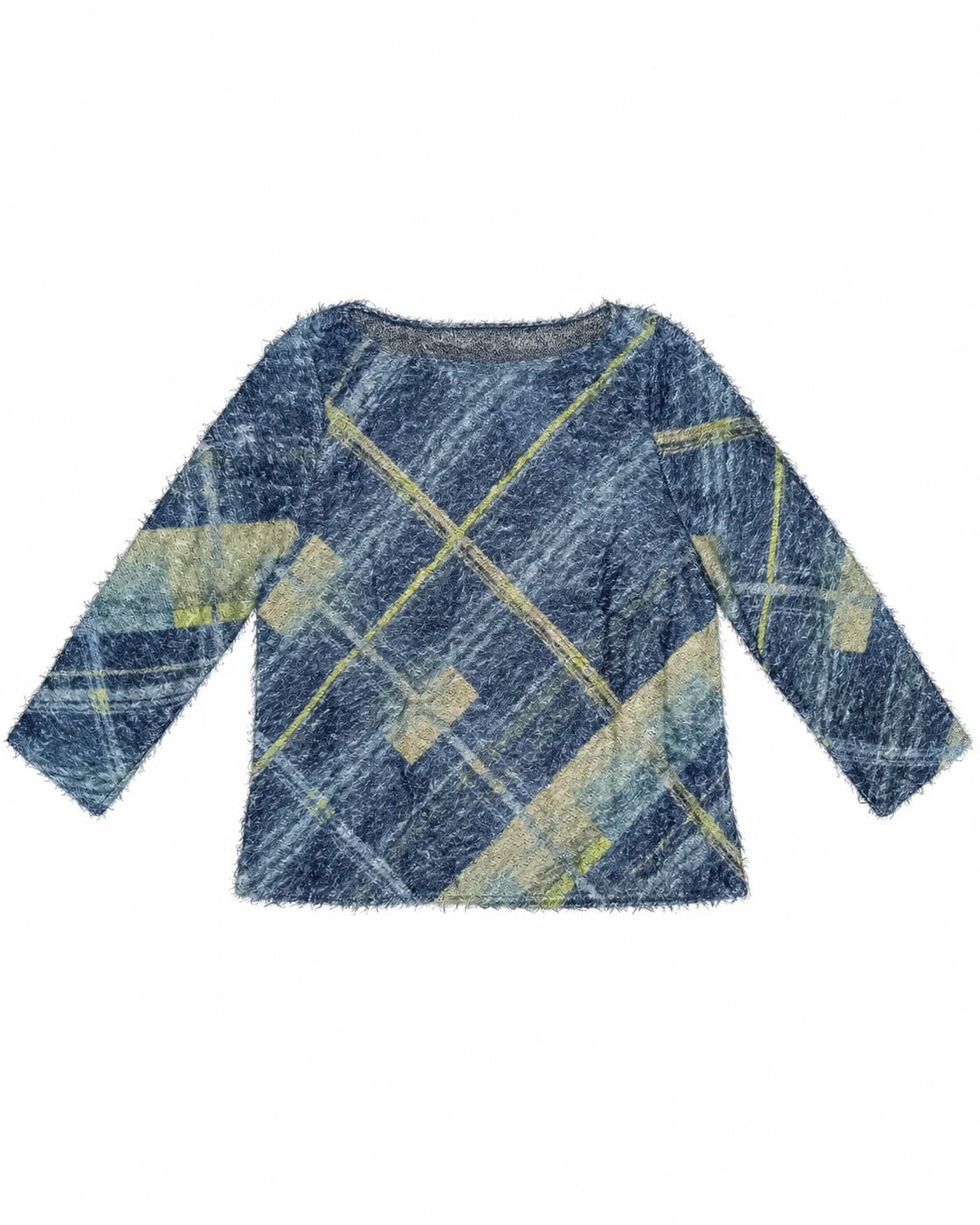 Jersey de punto azul marino con rombos grandes multicolor y líneas amarillas, manga larga