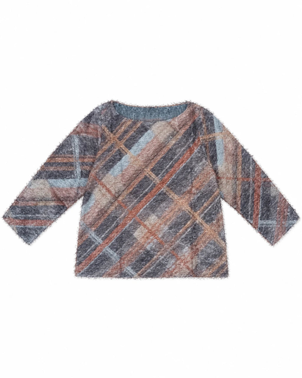 Jersey de punto marrón teja con rombos y líneas grises, manga larga y cuello redondo