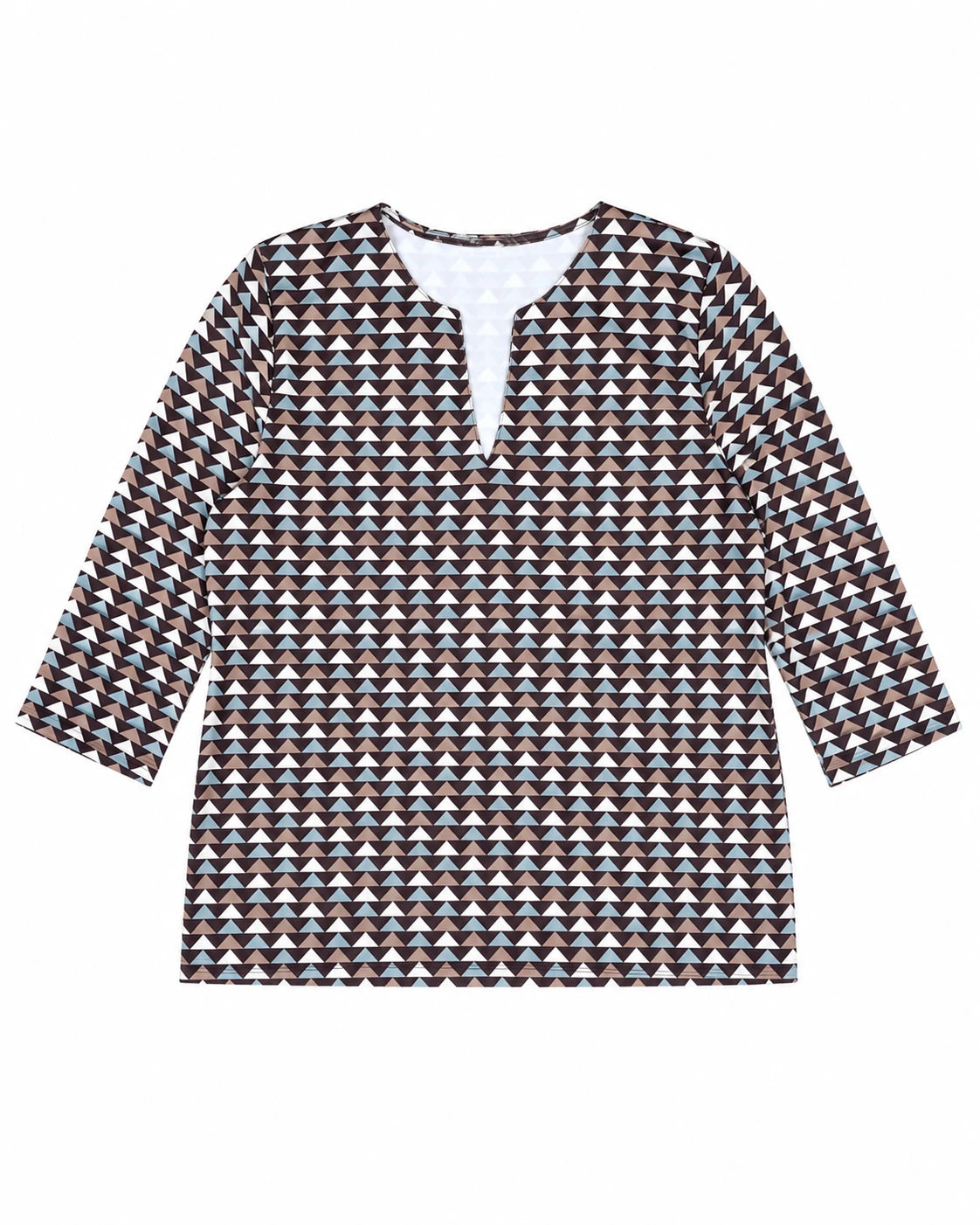Top básico con cuello V y estampado de flechas geométricas, manga 3/4