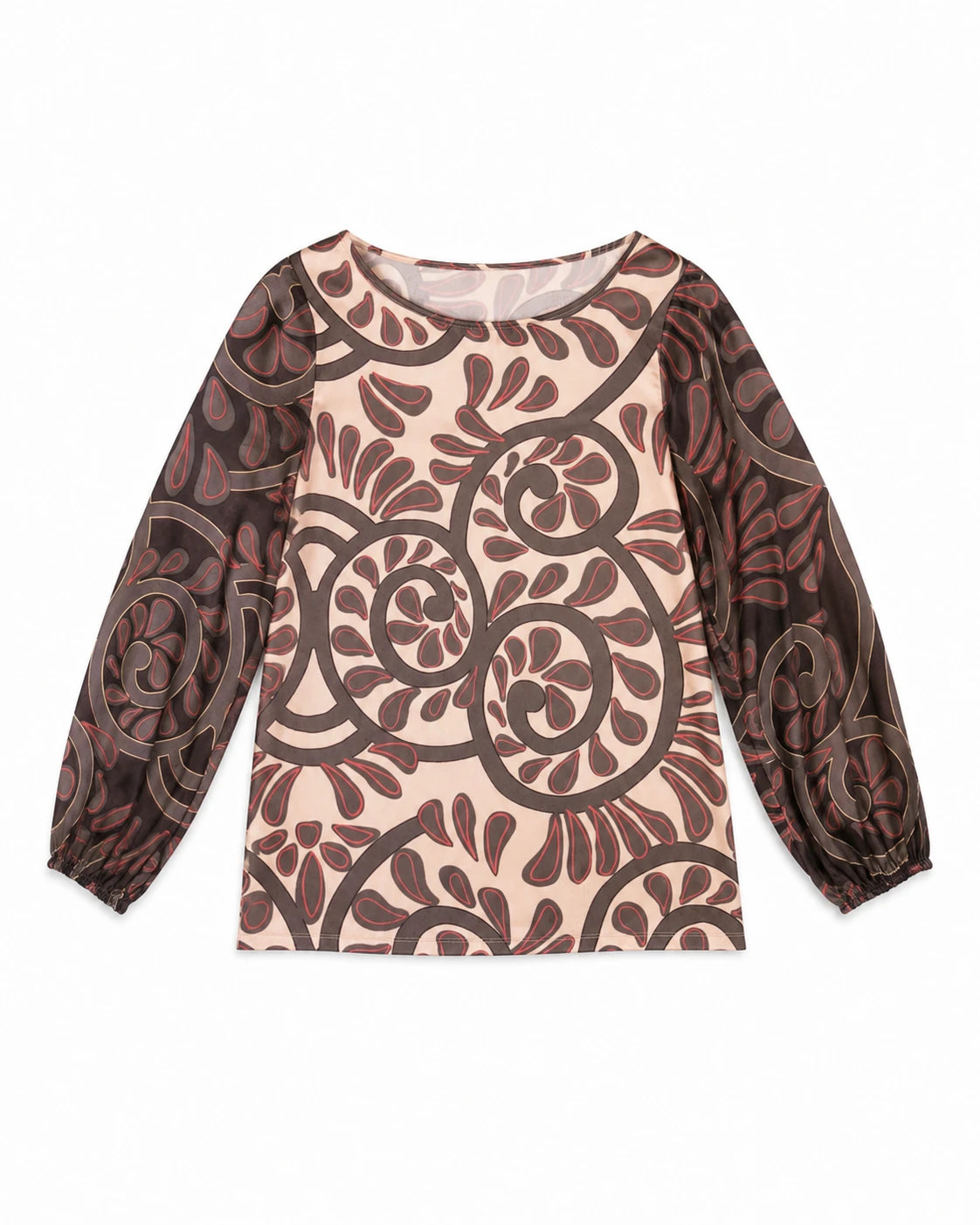 Blusa de manga larga con cuello redondo y estampado floral abstracto marrón y beige