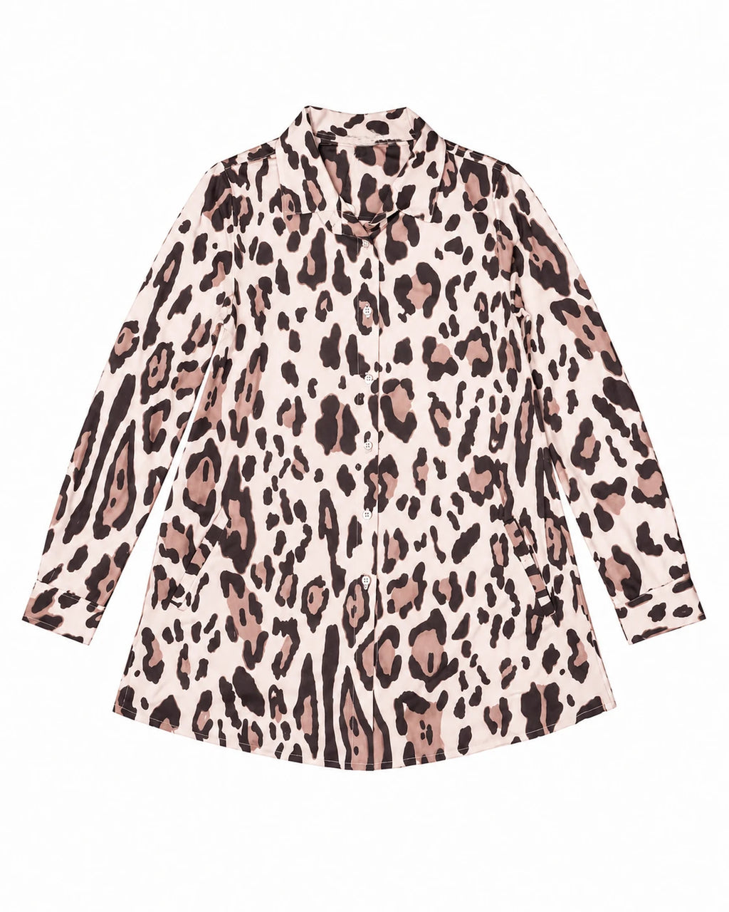 Camisa de leopardo beige de manga larga, con botones y cuello camisero