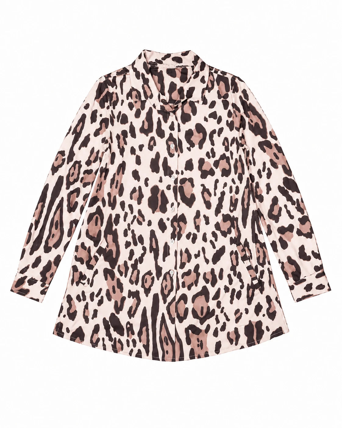 Camisa de leopardo beige de manga larga, con botones y cuello camisero