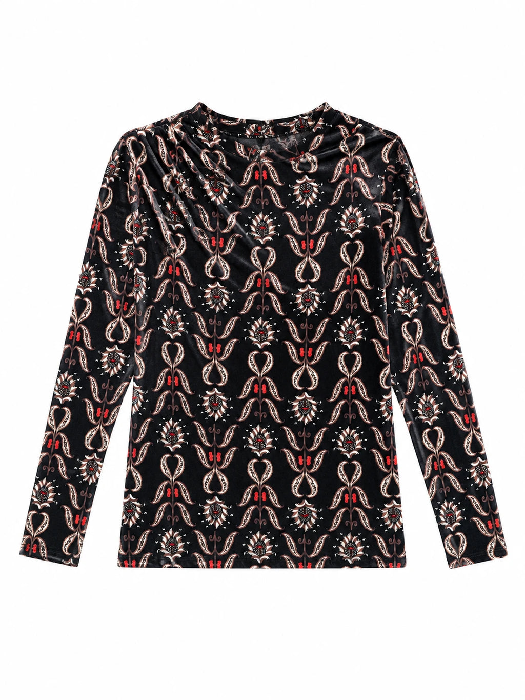 Top Borgoña negro de manga larga con estampado rojo y beige, cuello redondo