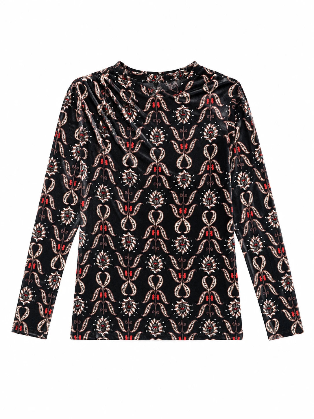 Top Borgoña negro de manga larga con estampado rojo y beige, cuello redondo