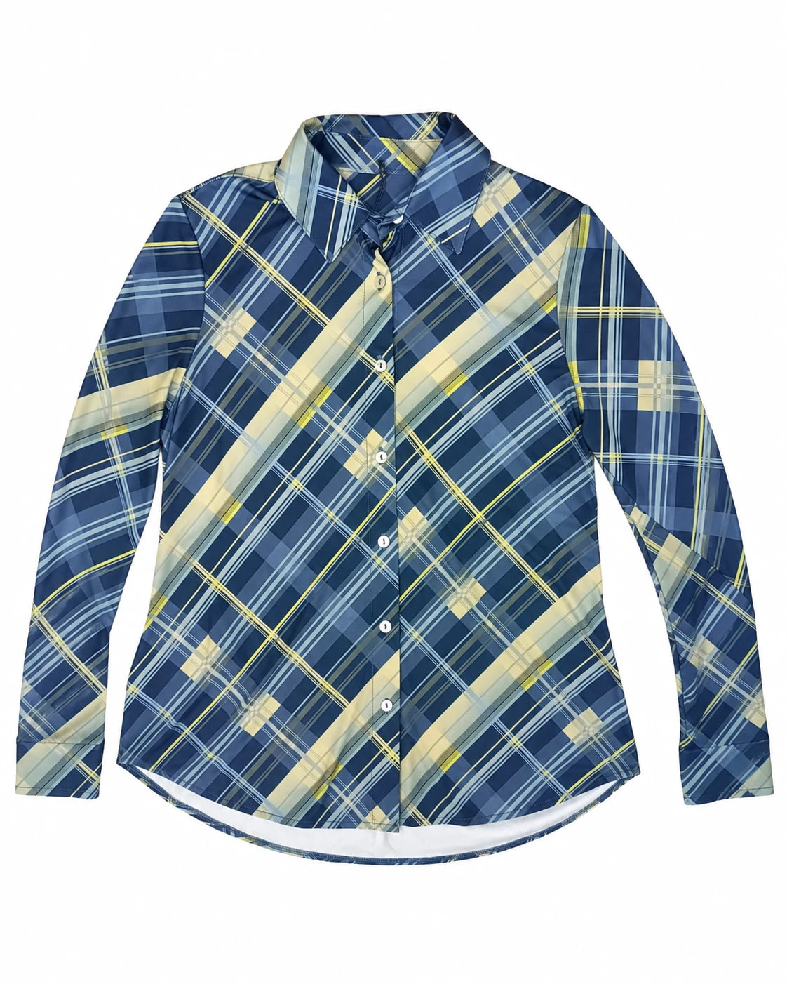Camisa básica a cuadros azul con botones frontales y cuello camisero, manga larga