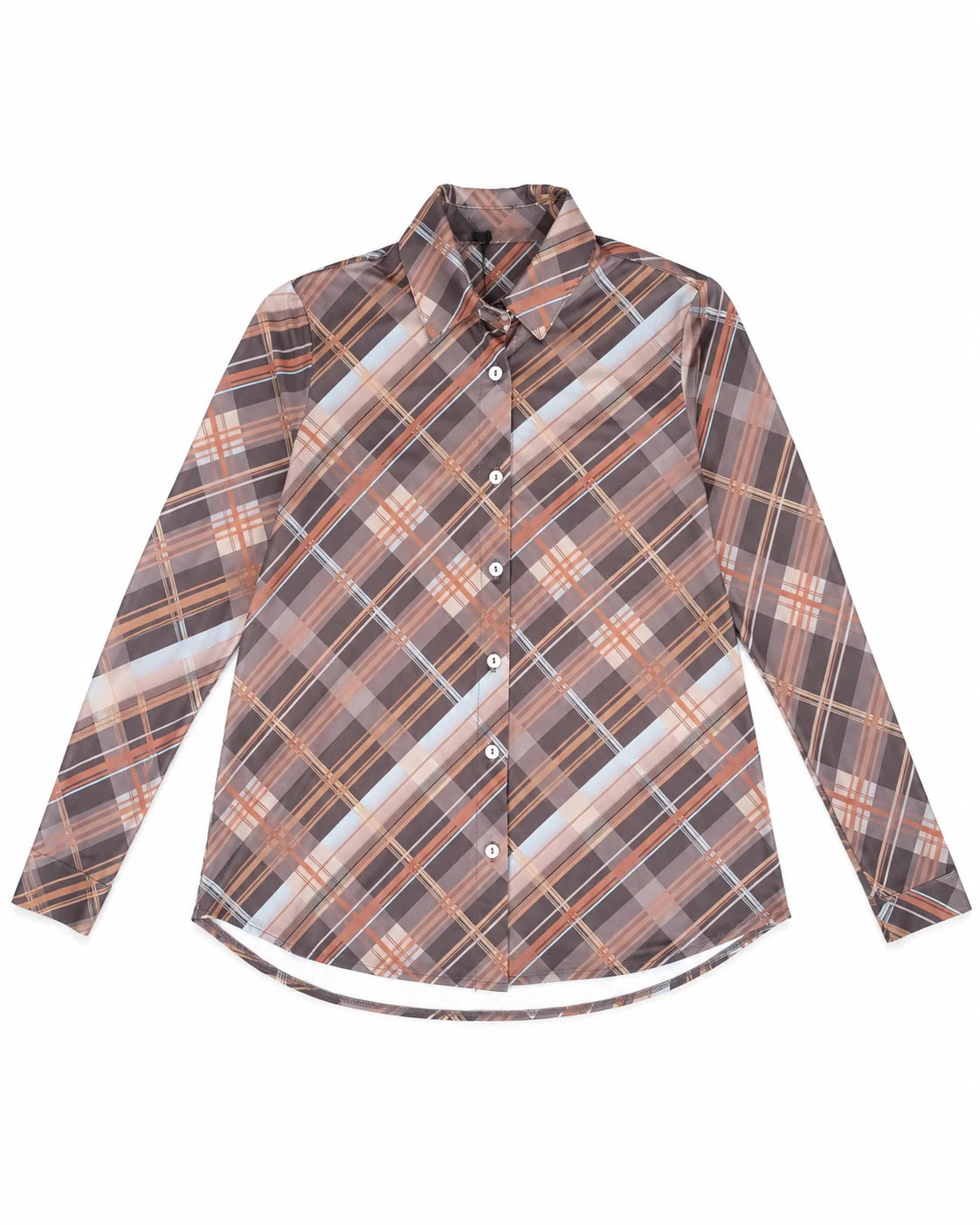 Camisa básica a cuadros marrón con botones frontales y cuello camisero, manga larga