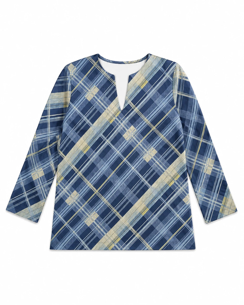 Blusa tipo túnica de cuadros azul con escote en V, mangas 3/4