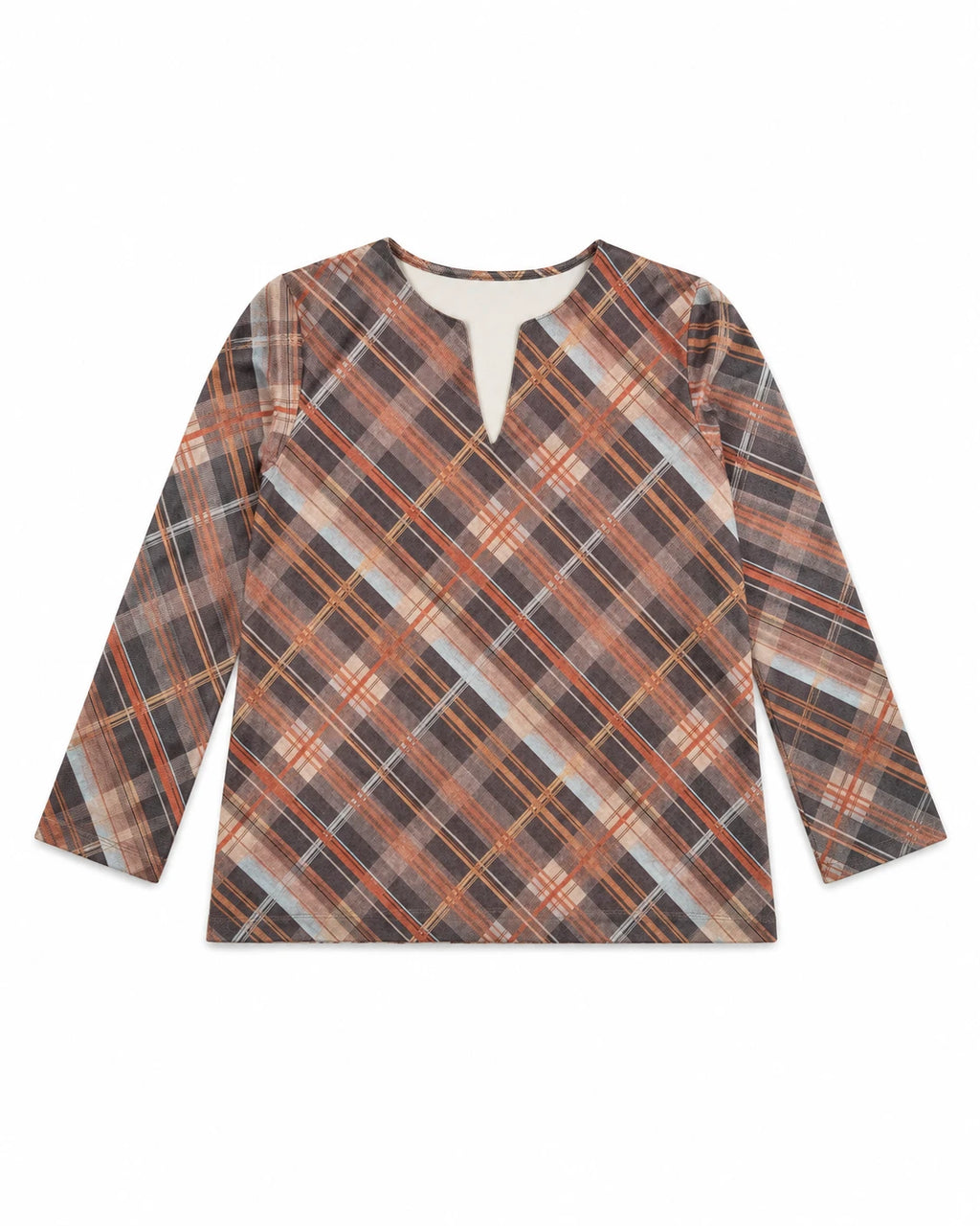 Blusa tipo túnica de cuadros marrón con escote en V, mangas 3/4