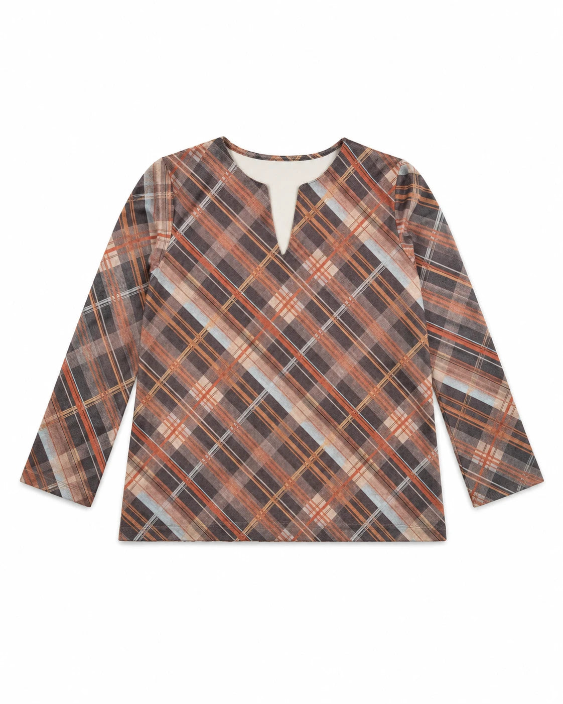 Blusa tipo túnica de cuadros marrón con escote en V, mangas 3/4