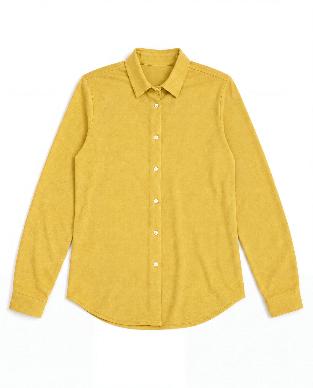 Camisa básica de punto amarilla con botones frontales y cuello camisero