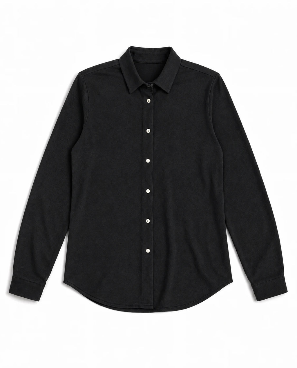 Camisa básica de punto negra de manga larga con botones frontales y cuello camisero