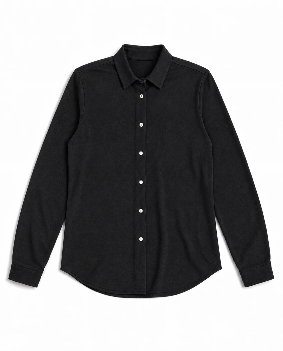 Camisa básica de punto negra de manga larga con botones frontales y cuello camisero