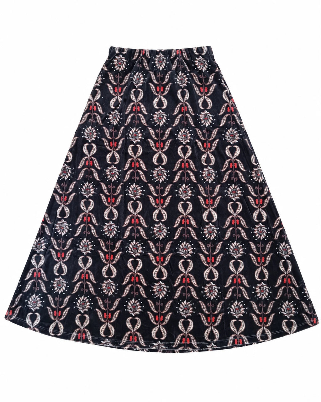 Falda midi negra acampanada con estampado repetido rojo y beige