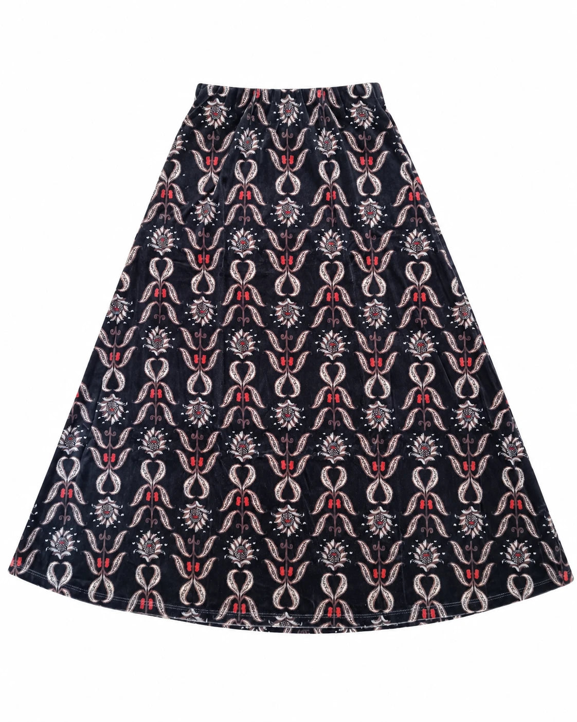 Falda midi negra acampanada con estampado repetido rojo y beige
