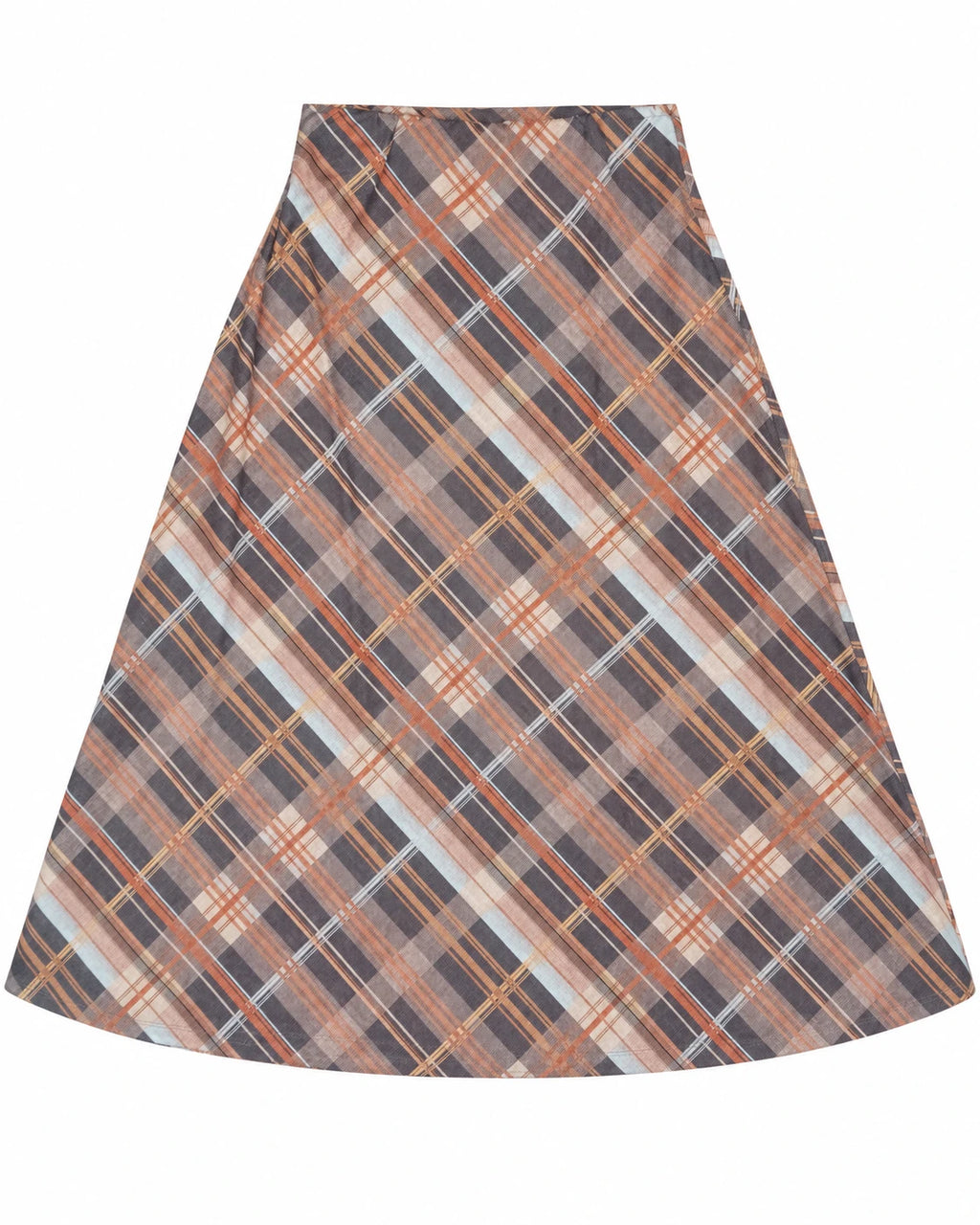 Falda midi evasé de cuadros marrón con rayas crema y naranja