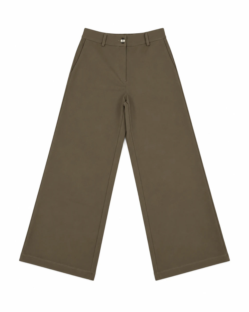 Pantalón liso caqui con cintura y trabillas, pierna recta y dobladillo ancho