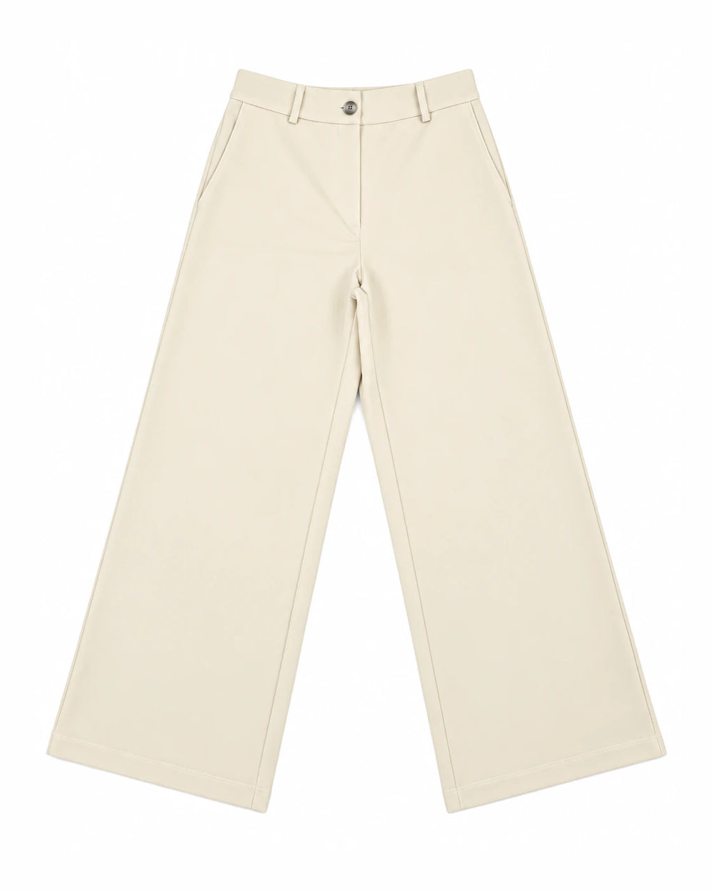Pantalón liso marfil con trabillas, botón frontal y costuras centrales