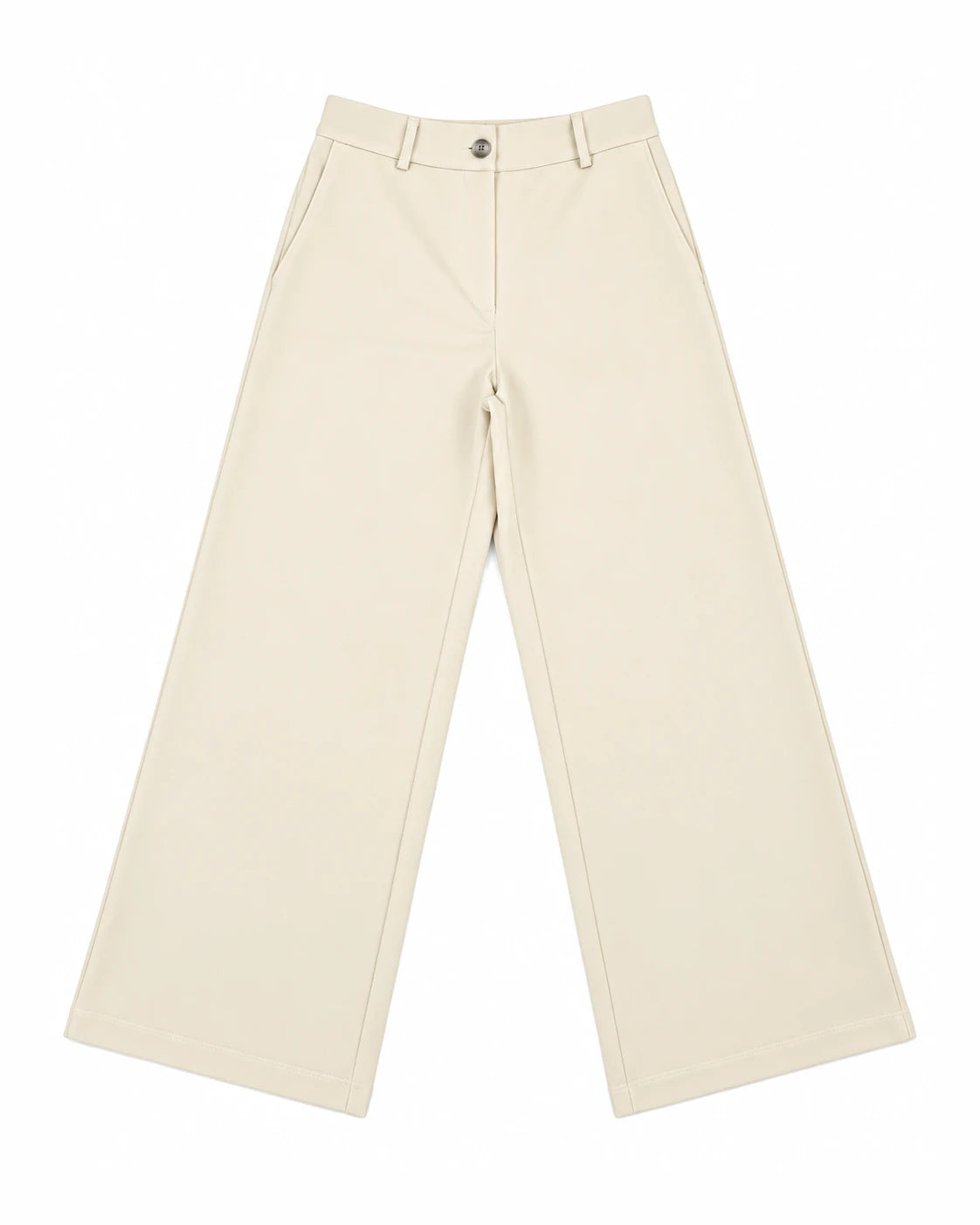 Pantalón liso marfil con trabillas, botón frontal y costuras centrales