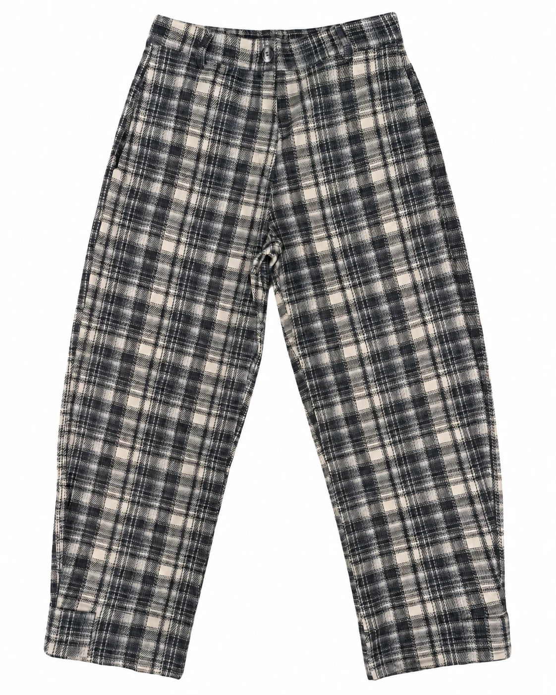 Pantalón globo de cuadros jacquard beige y gris, cierre frontal y bolsillos