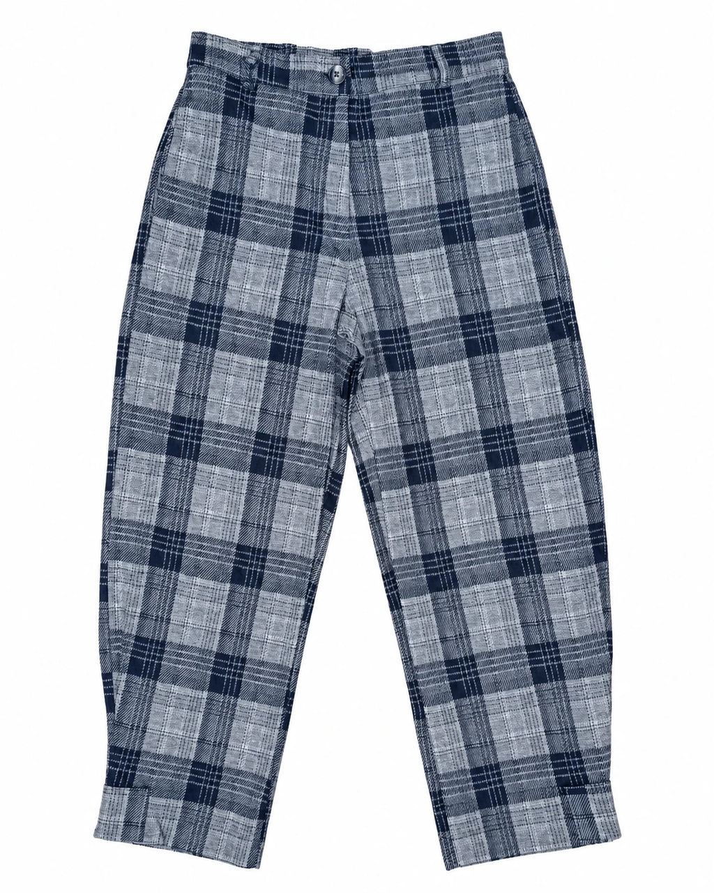 Pantalón globo de cuadros jacquard azul, tiro medio y pernera amplia