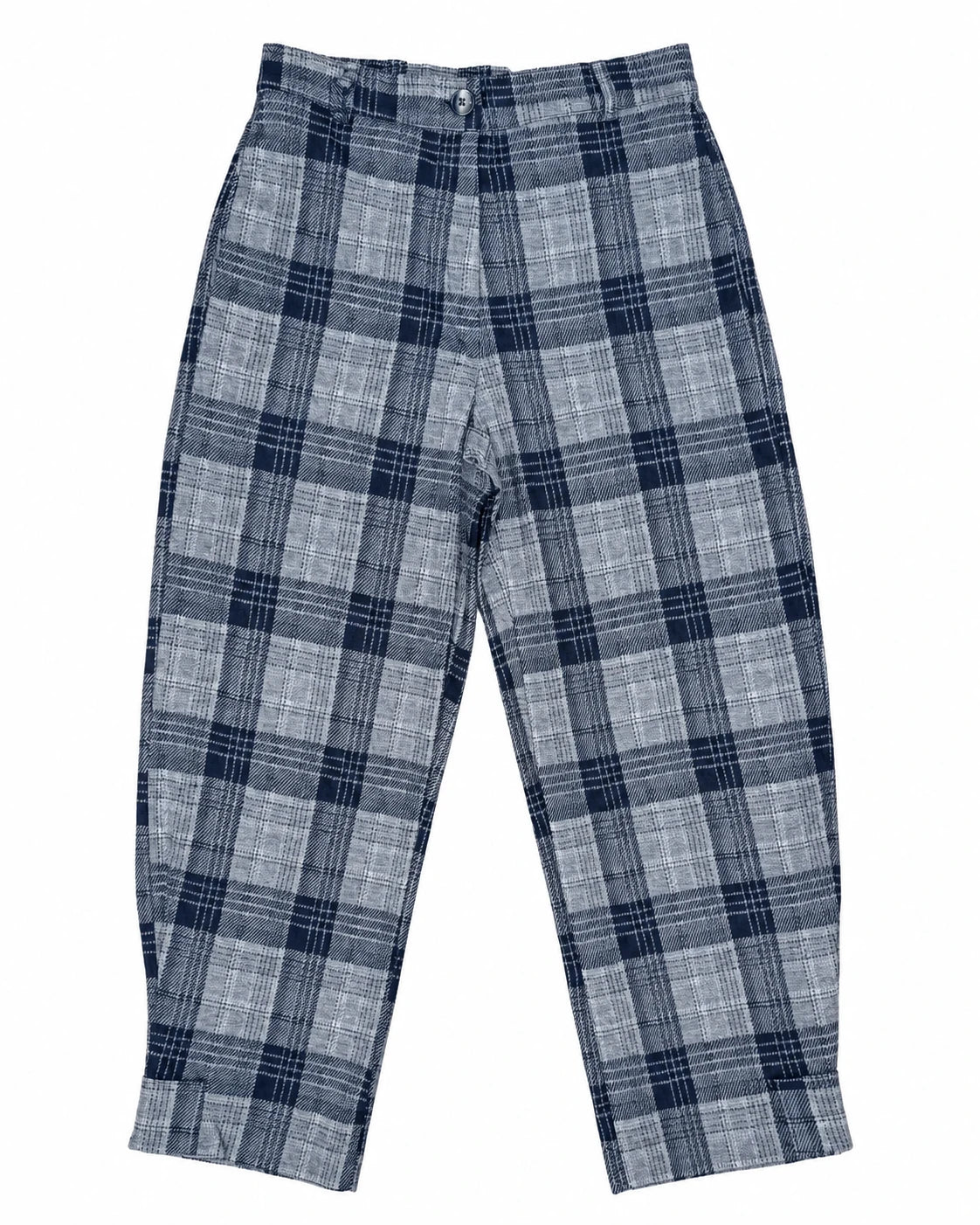 Pantalón globo de cuadros jacquard azul, tiro medio y pernera amplia