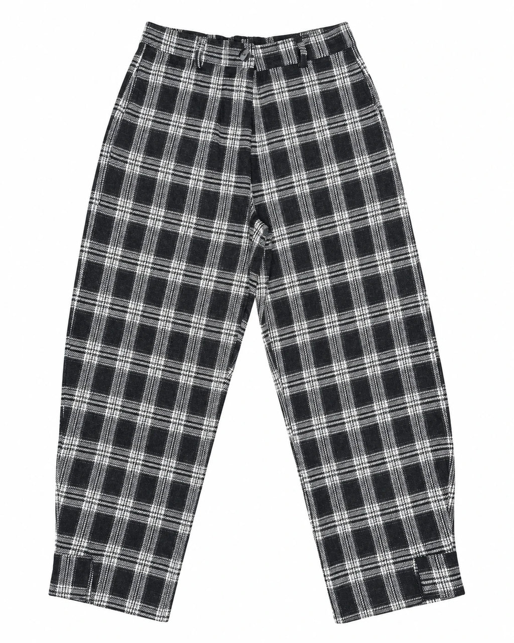 Pantalón globo de cuadros jacquard negro y blanco, vista frontal con cintura
