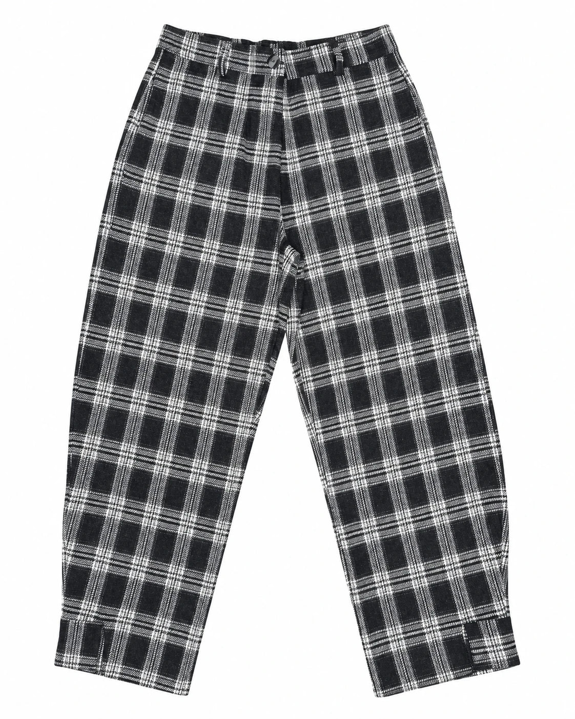 Pantalón globo de cuadros jacquard negro y blanco, vista frontal con cintura