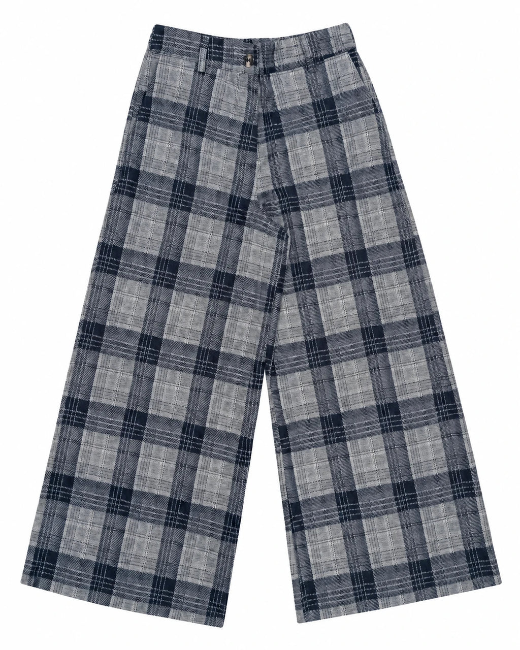 Pantalón de cuadros jacquard gris y azul, pernera ancha con botón y costuras frontales