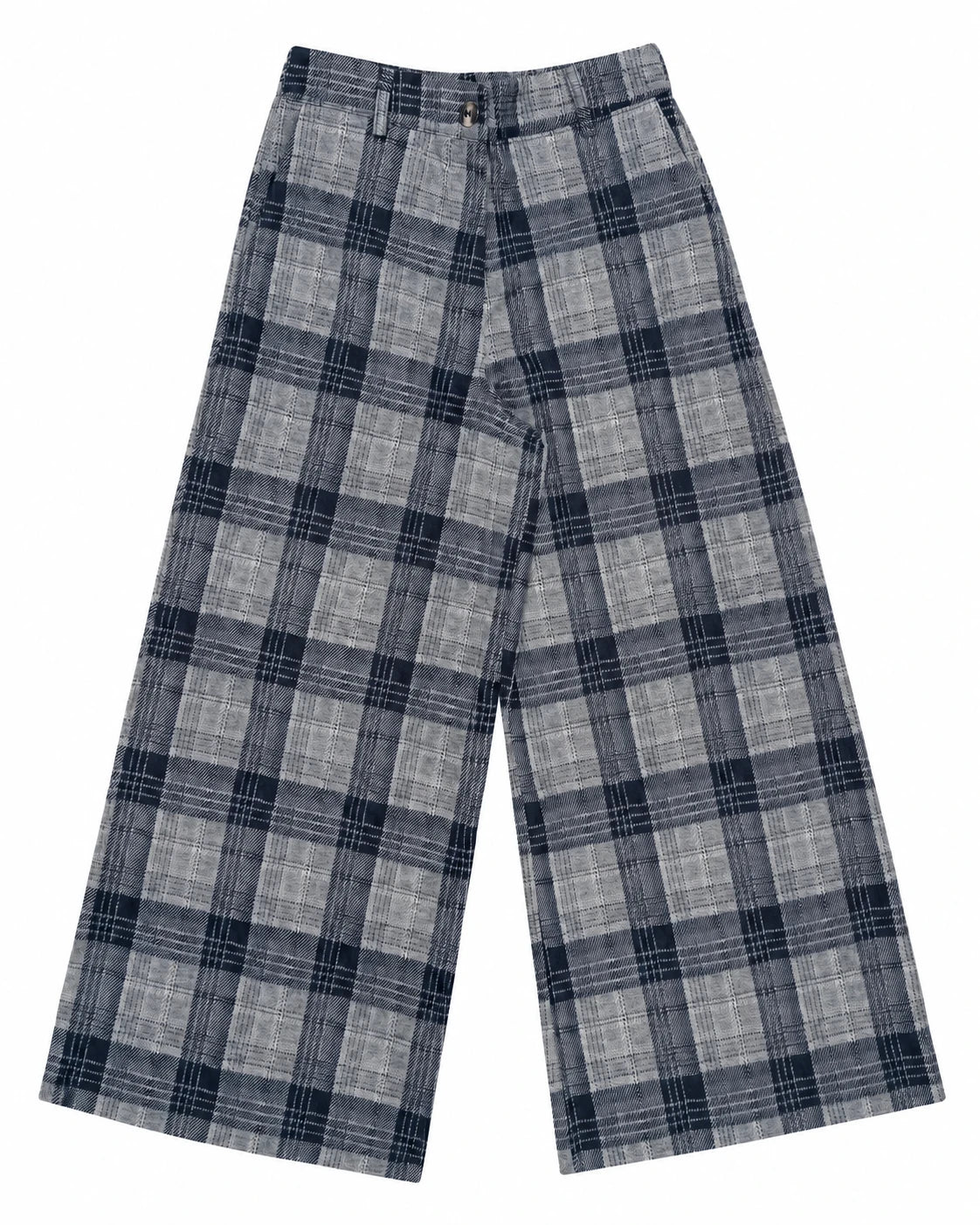 Pantalón de cuadros jacquard gris y azul, pernera ancha con botón y costuras frontales