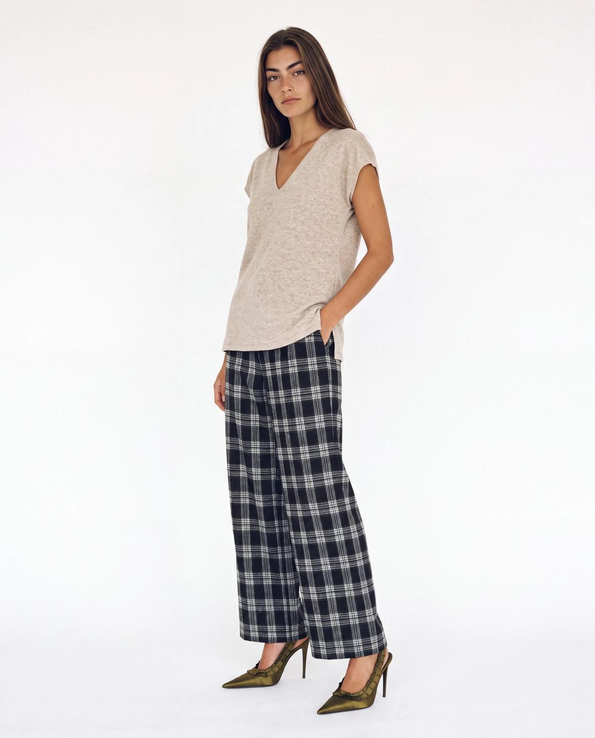 Pantalón de cuadros jacquard azul marino y gris, pernera ancha, largo hasta tobillo