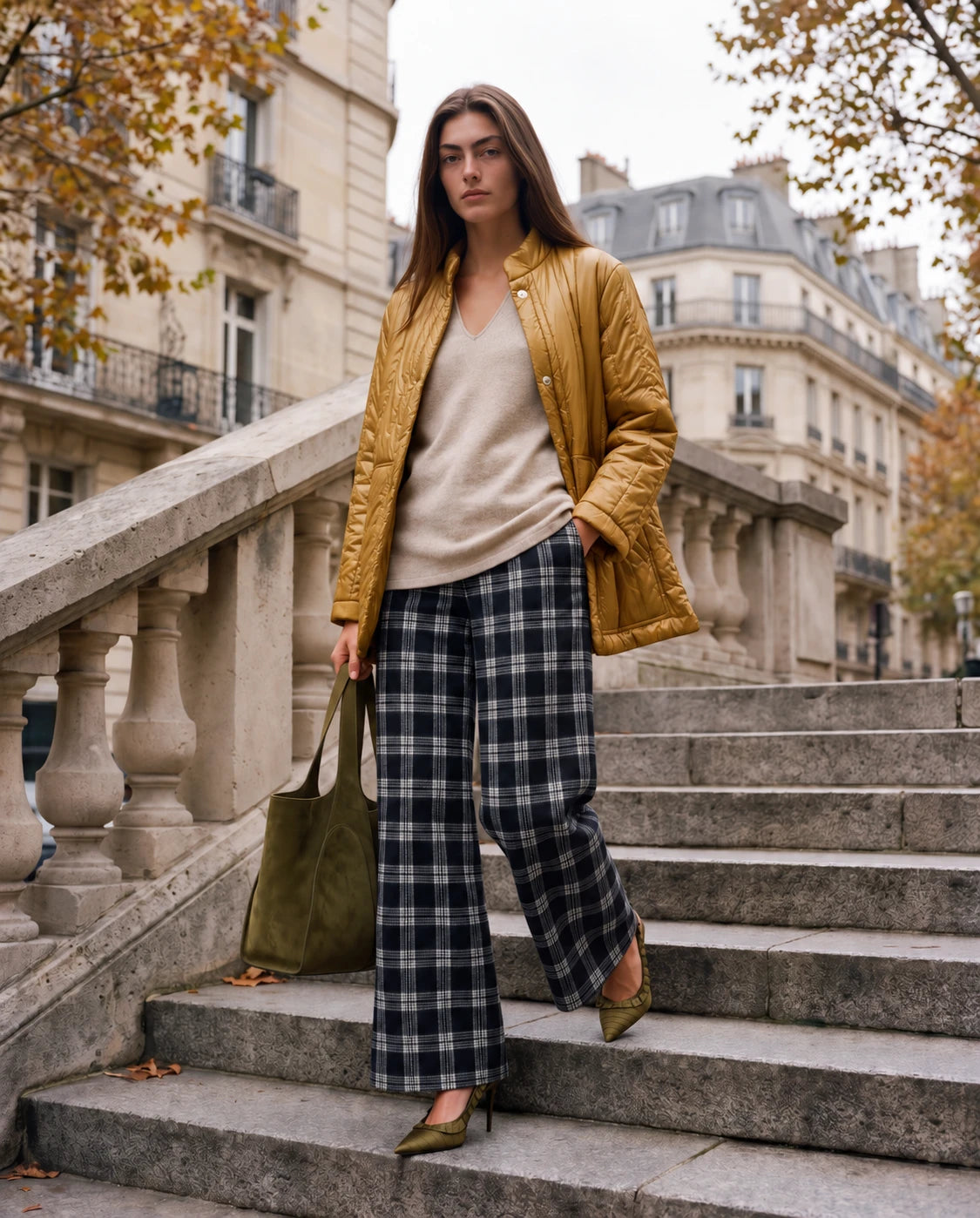 Pantalón de cuadros jacquard azul marino y gris, pernera ancha con cierre frontal