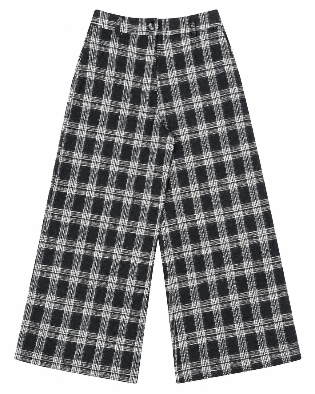 Pantalón de cuadros jacquard blanco y negro, pernera ancha con botón central