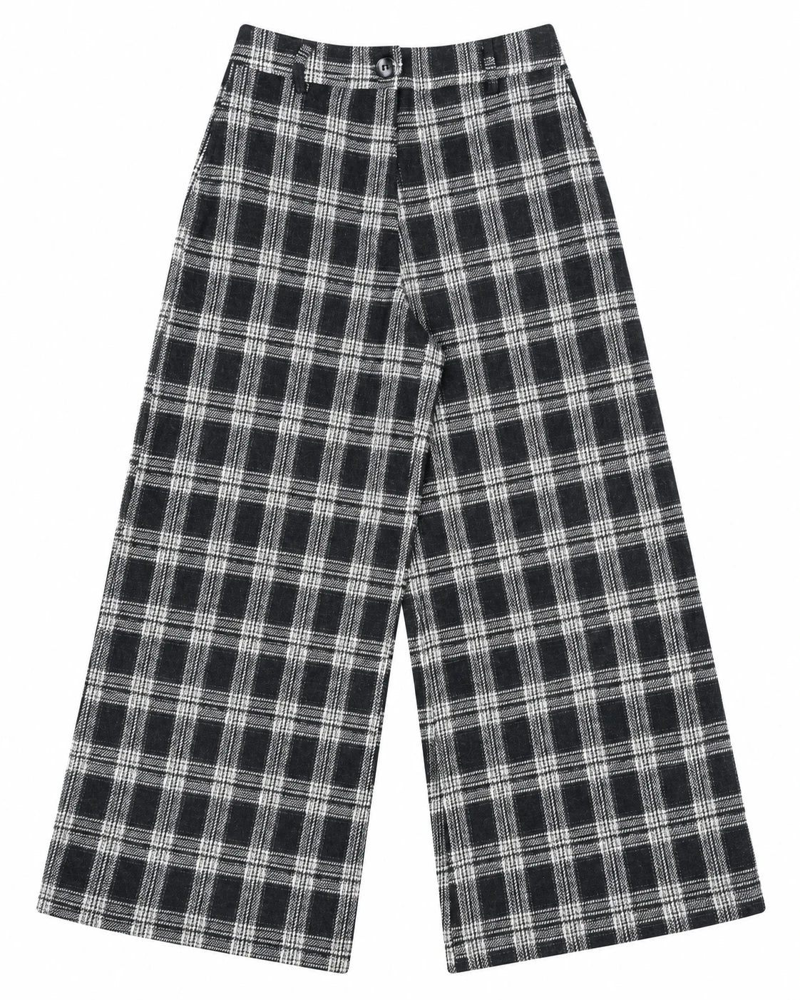 Pantalón de cuadros jacquard blanco y negro, pernera ancha con botón central