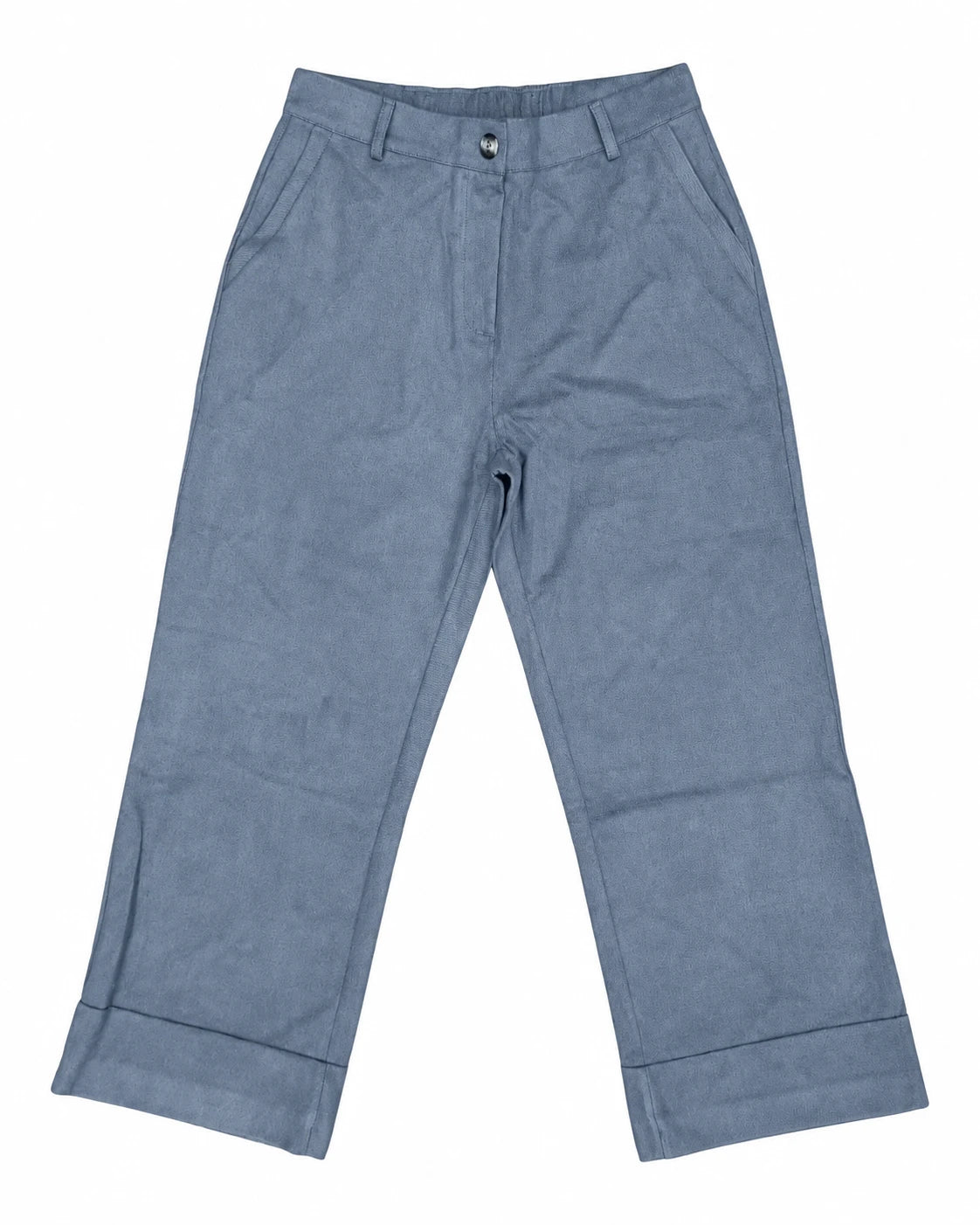 Pantalón Pomerol de algodón azul grisáceo, tiro medio, pierna recta, botón frontal