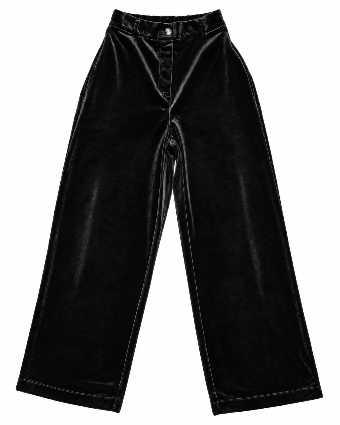 Pantalón de terciopelo negro de pierna ancha con costuras frontales y botonera