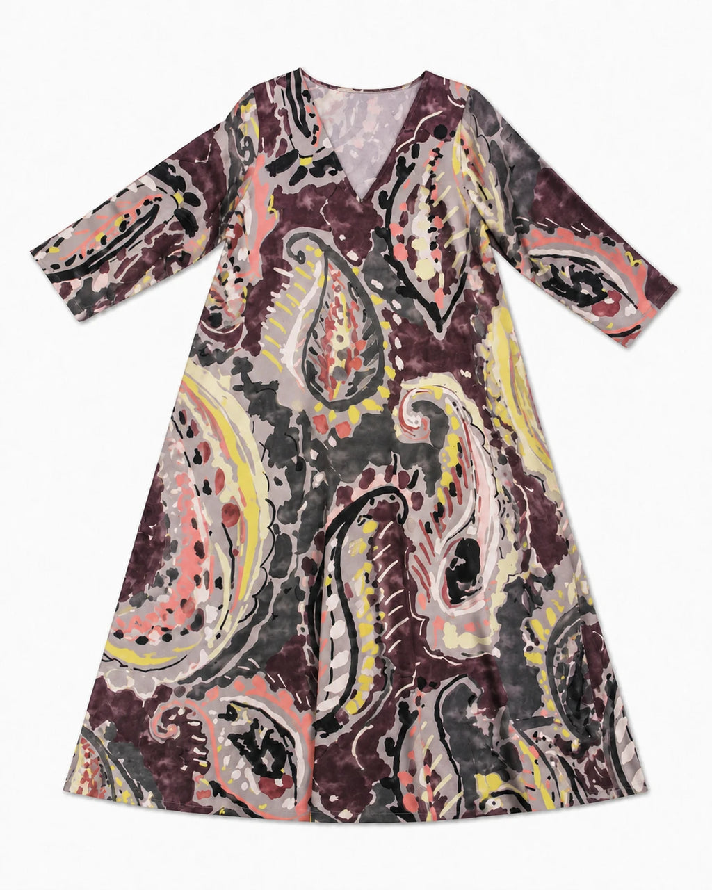 Vestido de estampado multicolor con escote V y mangas 3/4, falda amplia