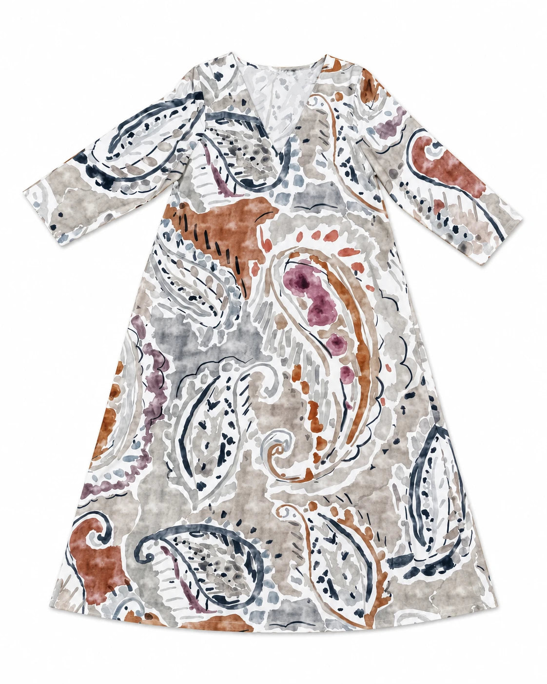 Vestido con estampado floral y paisley multicolor sobre fondo claro, escote V