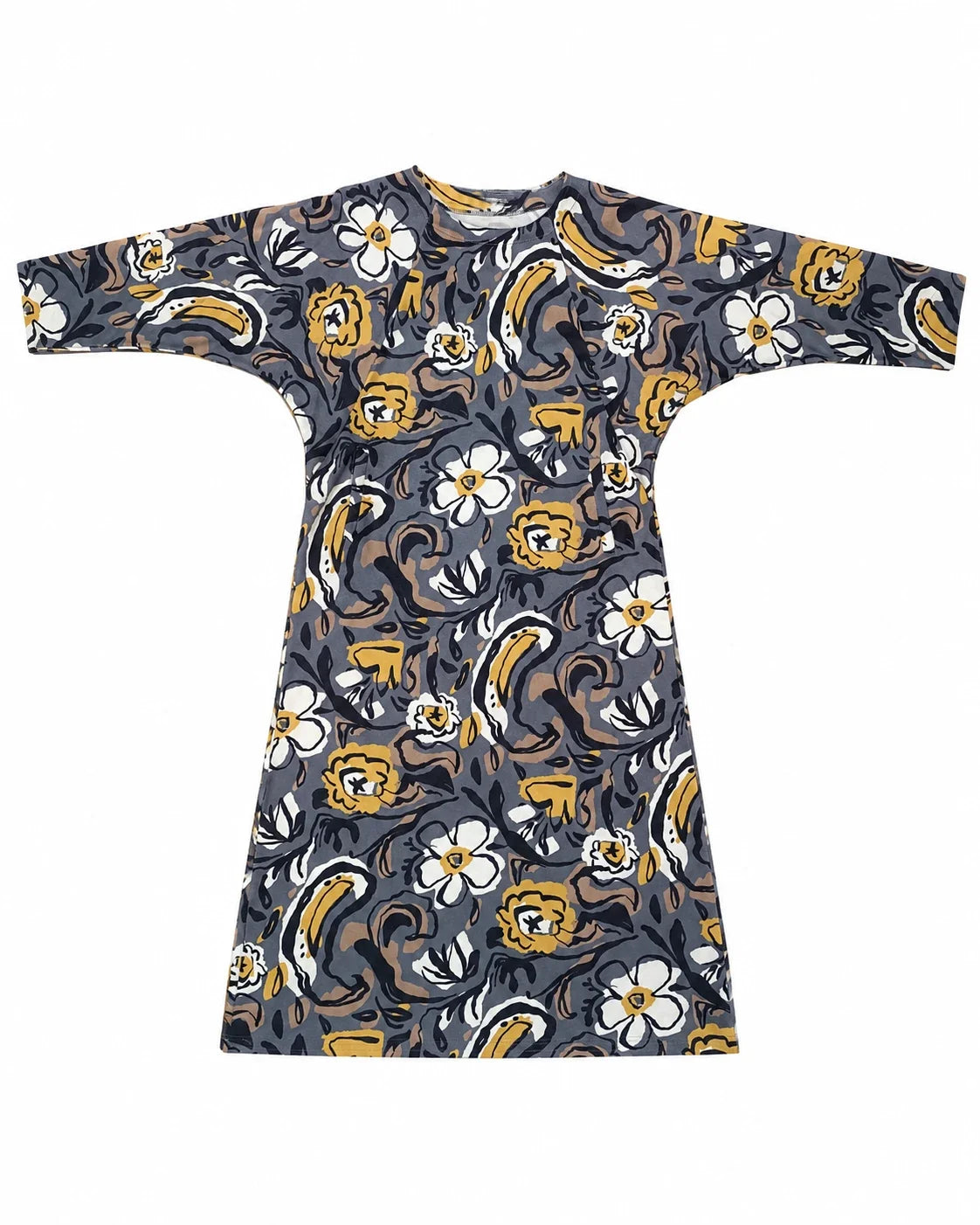 Vestido estampado de manga corta con cuello redondo, fondo gris con gatos amarillos y flores