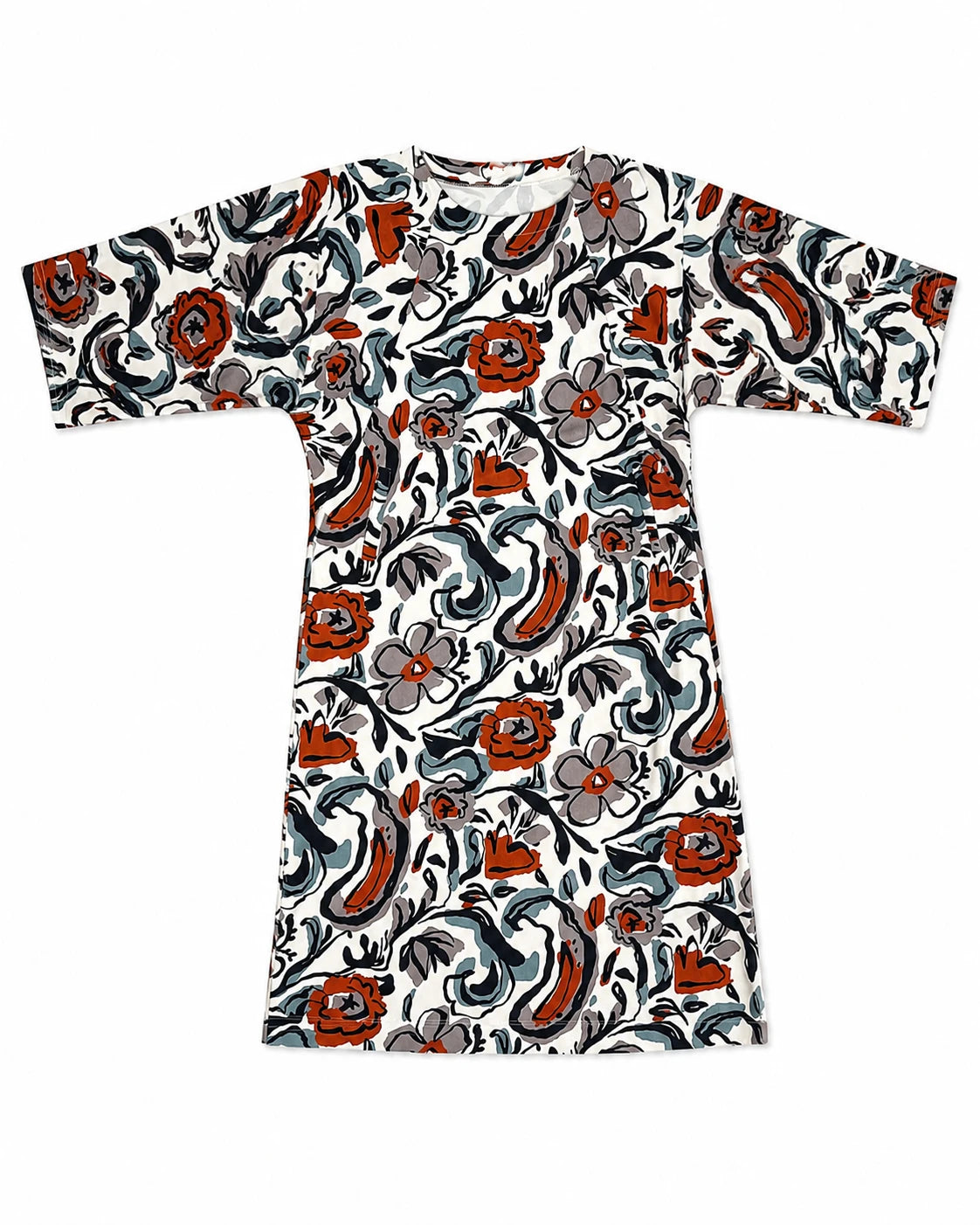 Vestido estampado de manga corta con cuello redondo, base clara con flores naranjas y remolinos