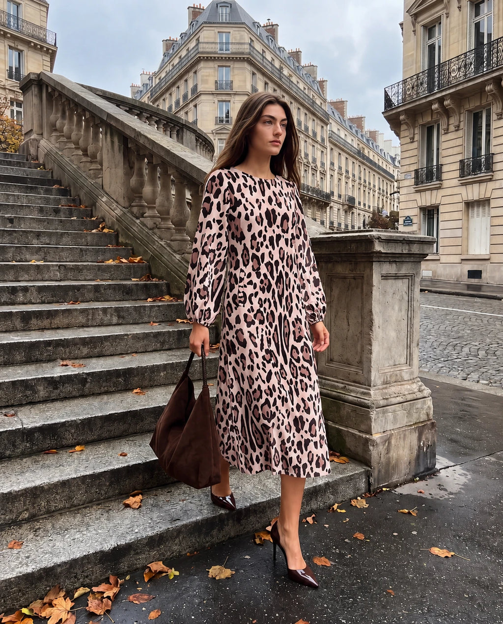 Vestido midi estampado leopardo beige con mangas globo y falda suelta