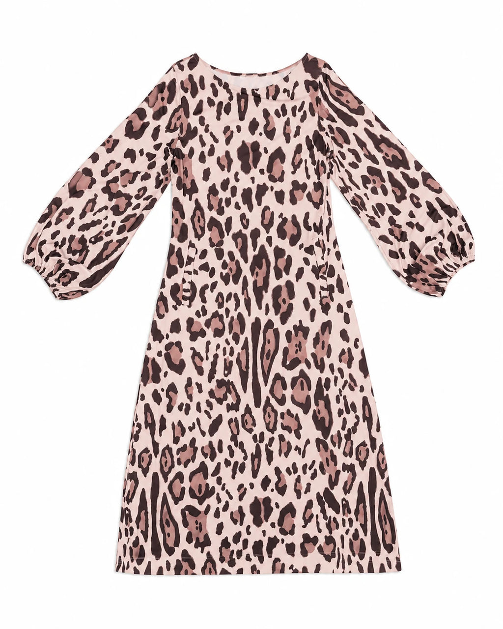 Vestido leopardo beige de manga globo y cuello redondo