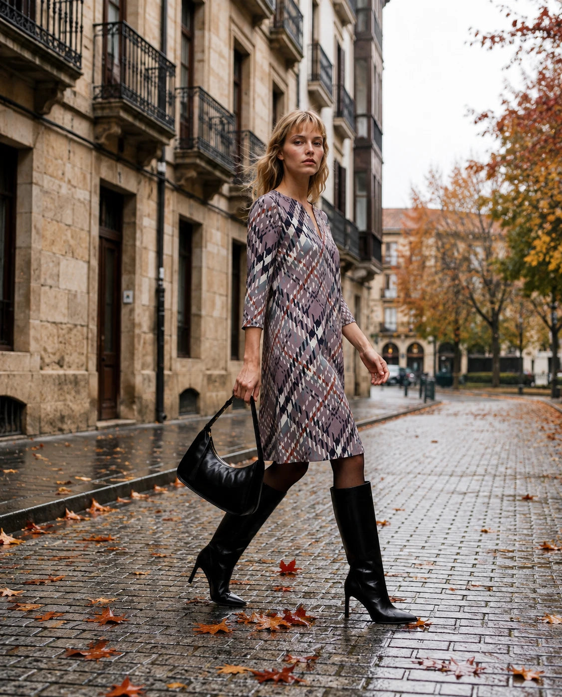 Vestido corto estampado geométrico en tonos visón, manga larga y falda ligeramente evasé.