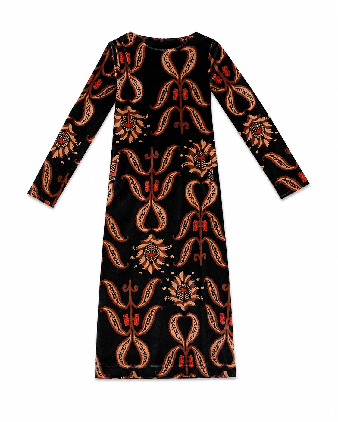Vestido negro de manga larga con estampado naranja, corte recto