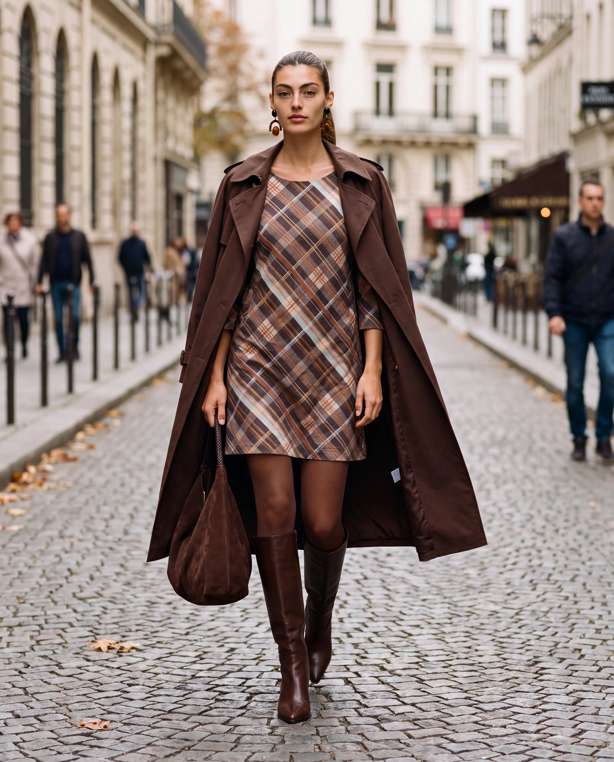 Vestido corto de cuadros con manga tres cuartos y cuello redondo, tonos marrón y crema